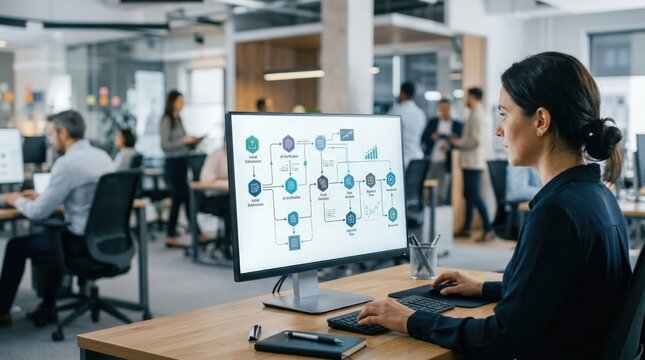 Medium framing of a monitor featuring workflow steps in an AIdriven claims processing system gently blurred coworkers and workspace in the back.