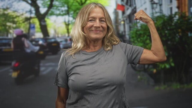 Senior woman flexes her arm and smiles while wearing a gray tshirt on a busy city street lined with cars and trees; confidence empowerment.