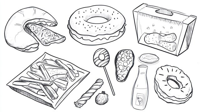 Hand-drawn illustration of various food items, including baked goods, packaged snacks, and desserts