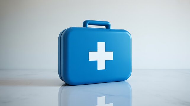 Blue medical first aid kit box with white cross on reflective surface for emergency care and health