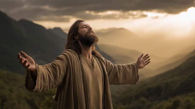 Isaiah standing in open valley with arms lifted as bright divine light spreads across the sky above mountains, wide dramatic natural landscape