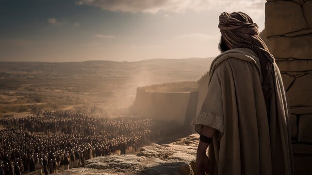 A dramatic biblical scene of Isaiah standing on the walls of Jerusalem, speaking to soldiers and leaders as the distant Assyrian army advances across a dust-filled valley under a tense horizon.
