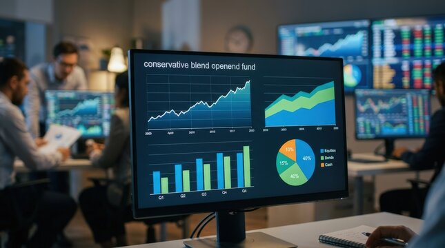 Medium shot of conservative blend openend fund charts sharply defined with blurred surrounding multimanager strategy visuals for clear theme.