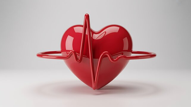 Red heart with ecg line symbolizing love and medical health on white background with subtle shadow