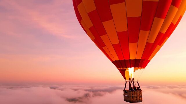 colorful hot air balloon flying above thick clouds at pink sunset. aerial view of sky landscape. romantic travel adventure, freedom concept. tourism, recreation, transport.