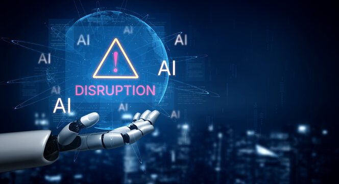 Disruption warning future of work, featuring AI agents replacing human jobs. Represents labor unemployment, corporate automation cost shift, and need for new career reskilling and upskilling. Corpus