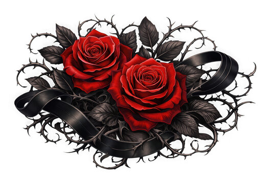 Gothic arrangement of red roses with thorns and black ribbon as cut out PNG isolated on transparent background