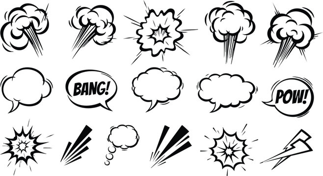 Comic Book Sound Effects Explosion Clouds and Action Lines Wham Bang Pow Vector Set