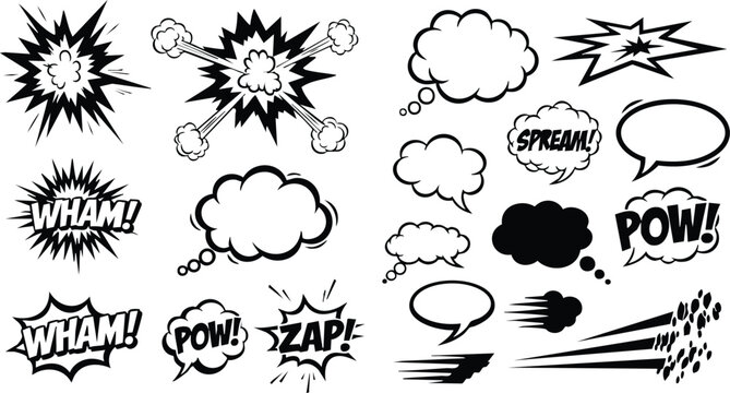 Comic Book Explosion Bubbles Cloud Shapes and Sound Effects Wham Pow Zap Vector Set