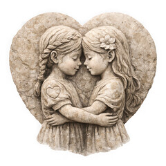 Fototapeta premium Stone carving of two young girls embracing in a heart shape as cut out PNG isolated on transparent background