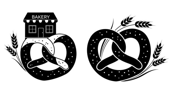 Black and white bakery icons featuring traditional salted soft pretzels
