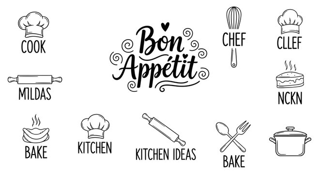 Set of hand drawn kitchen icons and culinary themed text elements