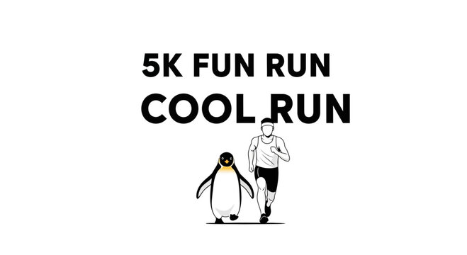 A Funny And Cool Illustration Of A 5k Run Event, With A Penguin And A Runner