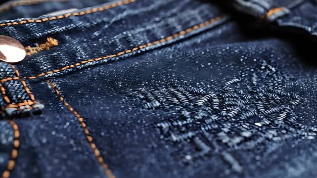 Closeup Macro Shot of Blue Denim Jeans Fabric Texture with Stitches and Button.