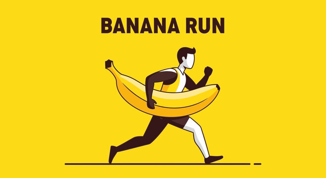 A Funny Banana Runner Illustration On Yellow Background For Sport Or Healthy Eating Theme