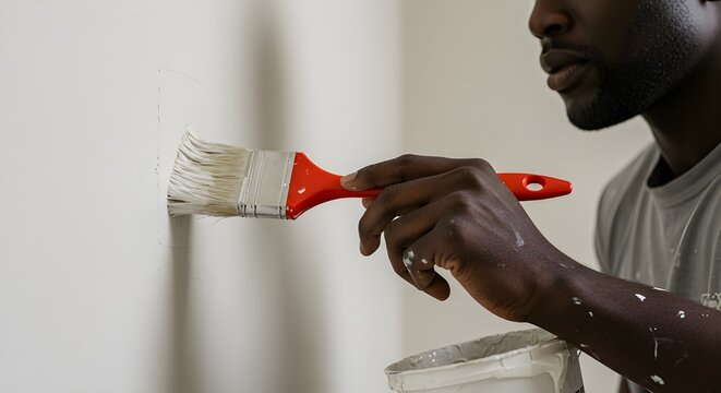 painter applying paint on a freshly plastered wall. Concept of painting, wall finishing, renovation, and skilled labor in home improvement.
