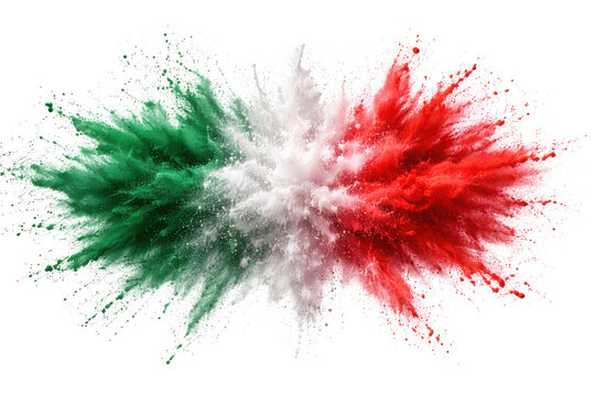 Italian flag powder explosion with green, white, and red powder exploding isolated on transparent background