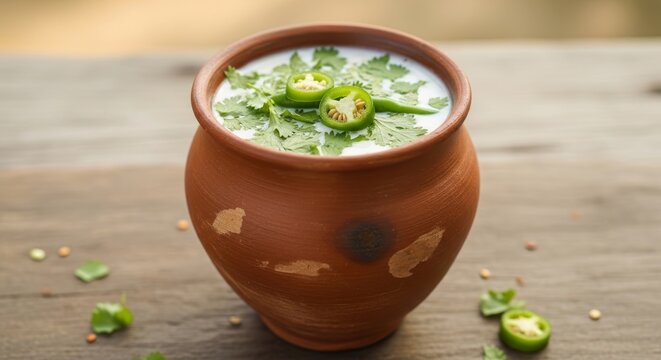 Buttermilk in a clay pot topped with fresh coriander and green chili. Traditional Indian chaas drink served in a rustic earthenware vessel. Healthy yogurt refreshment for summer.