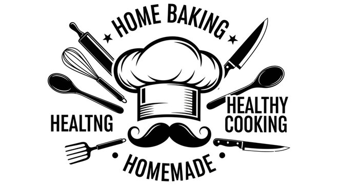 Chef hat and kitchen utensils graphic for home baking logo