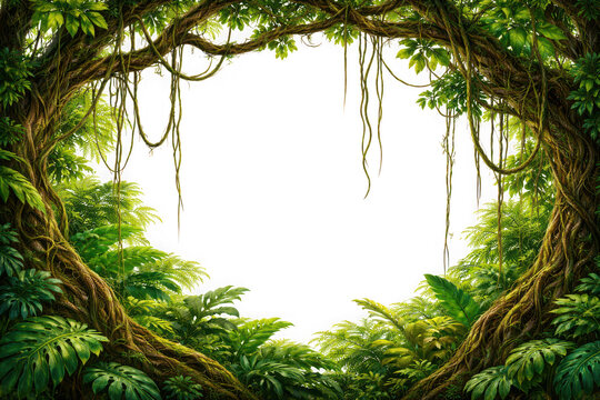 Tropical forest archway with hanging vines and green leaves as PNG asset isolated on transparent background