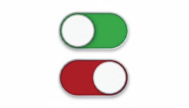 Buttons set with green and red panels featuring circular toggle icons and glossy 3D UI style featuring icon, UI, user interface with 3D and panel