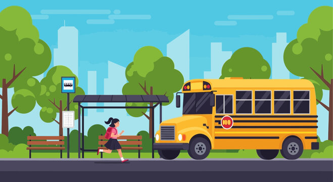 A Student Rushing to Catch the School Bus at the Bus Stop on a Sunny Day