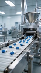 Fototapeta premium A medical manufacturing facility with a conveyor belt of capsules being processed on a machine, showcasing the production of pharmaceuticals in a clean and controlled environment.