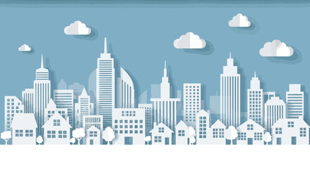 Fototapeta premium Abstract Paper Cityscape Depicting Buildings, Clouds, and Urban Landscape Scenery Design