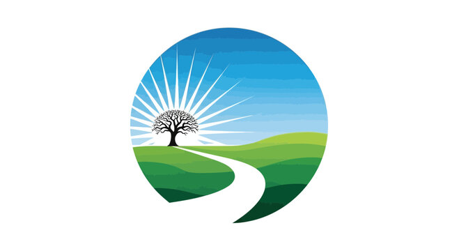Abstract Nature Scene with Tree and Winding Path within a Blue Circular Motif