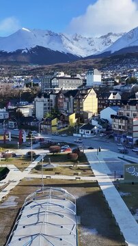 Famous Square At Ushuaia In Tierra Del Fuego Argentina. Roundabout Landscape. Square Background. Tierra Del Fuego Argentina. Downtown Cityscape. Famous Square At Ushuaia In Tierra Del Fuego Argentina.