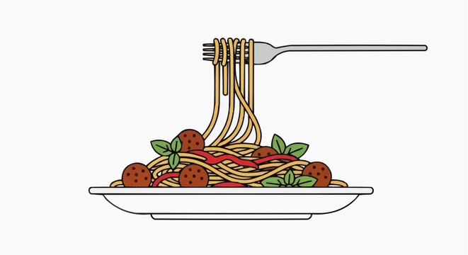 A vector graphic illustration of a plate of spaghetti with meatballs and a fork