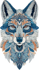 Obraz premium Intricate wolf head illustration with ornamental details on white background