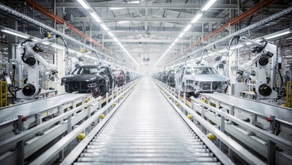 Fototapeta premium Automotive assembly line with robotic arms and car bodies on conveyor belts