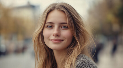 Obraz premium Generative AI illustration of a beautiful young woman with long blonde hair smiling outdoors, realistic female portrait