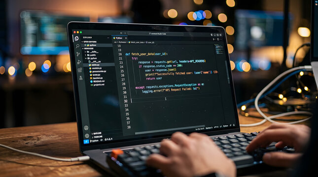 A laptop computer sitting on a wooden desk with code on the screen