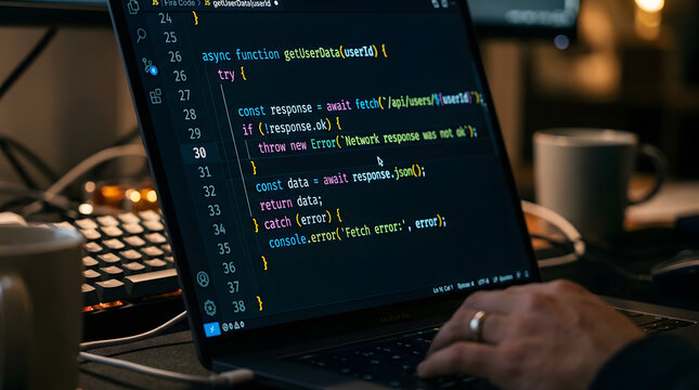 Person typing on a laptop with javascript code on the screen in a dimly lit room with a cup of coffee nearby