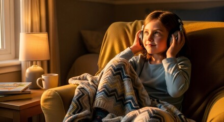 Obraz premium Little girl in headphones listening to music, relaxing, sitting in armchair with blanket. Child enjoying calm moment at home concept.