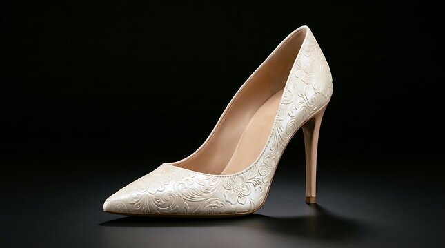 Elegant white high heel shoe with intricate embroidered floral design on pointed toe and stiletto heel
