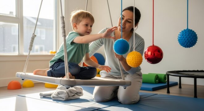 Woman therapist helping a little boy on a sensory swing with colorful textured balls. Occupational therapy for autism spectrum disorder at a rehabilitation center for children.