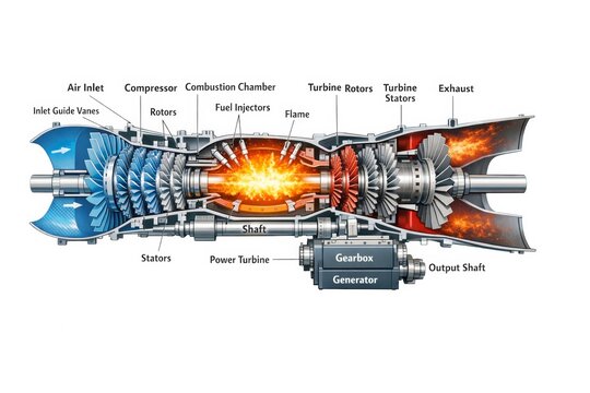 Cutaway view of a gas turbine engine showing internal components and operation