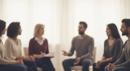 Fototapeta premium Group of people with men and women in therapy session, concept of psychological support and group discussion. World Autism Awareness Day.