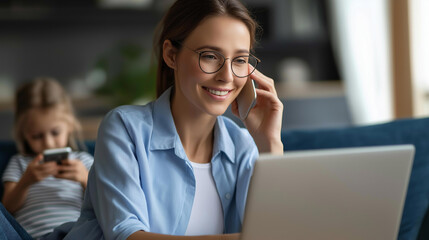 Obraz premium Faceless happy woman working at home on a computer while a child studies on a mobile phone beside her on a sofa in a stay-home family concept. Defocused home background. Work from