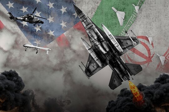 Military Aircraft and Drones Over USA and Iran Flags