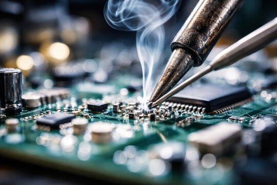 Close-up of soldering iron repairing a complex electronic circuit board with smoke rising
