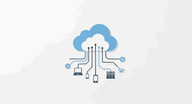 A vector graphic illustrating cloud computing with various devices connected to a cloud icon