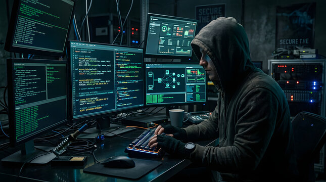 A hooded person typing on a computer surrounded by multiple screens displaying code in a dark room with a secure server in the background