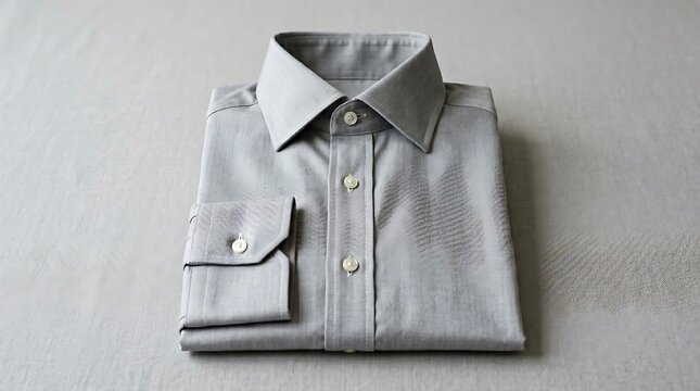 Light Grey Dress Shirt Folded Neatly Displayed On Smooth Light Colored Surface For Fashion Photography