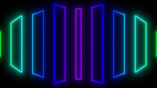 Abstract Neon Geometric Bars Moving And Spreading Smoothly On Black Background. Seamless Looping Motion Backdrop With Glowing Multi-colored Rectangular Elements