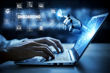 Obraz premium Futuristic Concept of Robotic Assistance for Employee Onboarding and Digital Integration in Modern Business Environments with Touchscreen Interaction Sigmoid