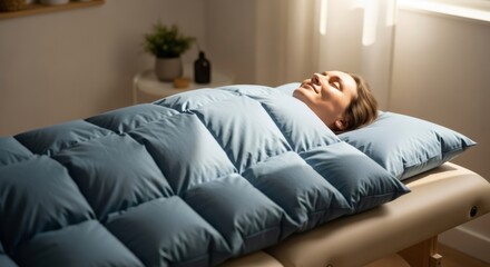 Fototapeta premium Woman napping on massage table with a soft weighted blanket. Relaxing spa treatment or therapy session for stress relief and comfort.